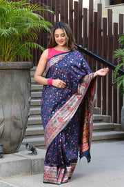 Raaga Navy Blue Jamewar Kashmiri Soft Modal Silk Saree